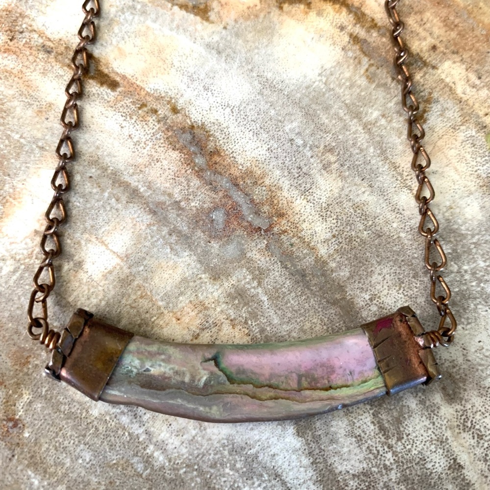NWOT Handmade One of a kind reversible Mother of Pearl and Brass Necklace.